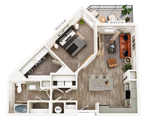 Floor plan for 1 bed, 1 bath, 805 sqft